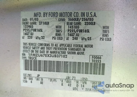 2003 Ford Explorer Sport Trac Xls/Xlt z USA, uszkodzony, nr VIN 1FMZU67EX3UB37102